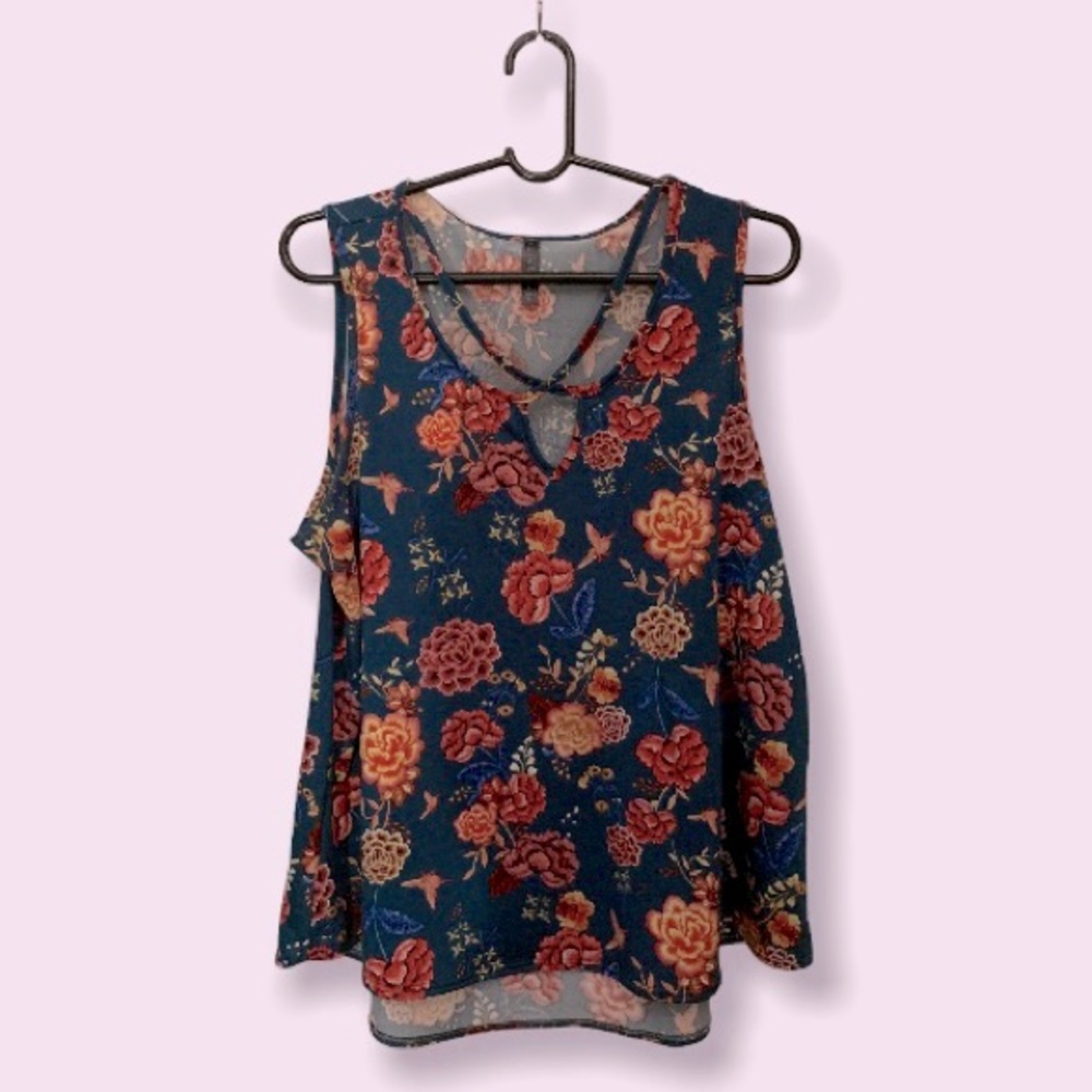 Ashley Blue teal sleeveless blouse, cutout neck XL